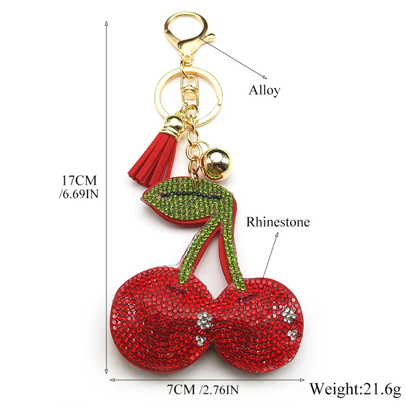 Lindo fruta fresca cereza llavero anillo para Mujeres Hombres rojo Rhinestone caliente verano bolsa encanto decoración llavero joyería regalos