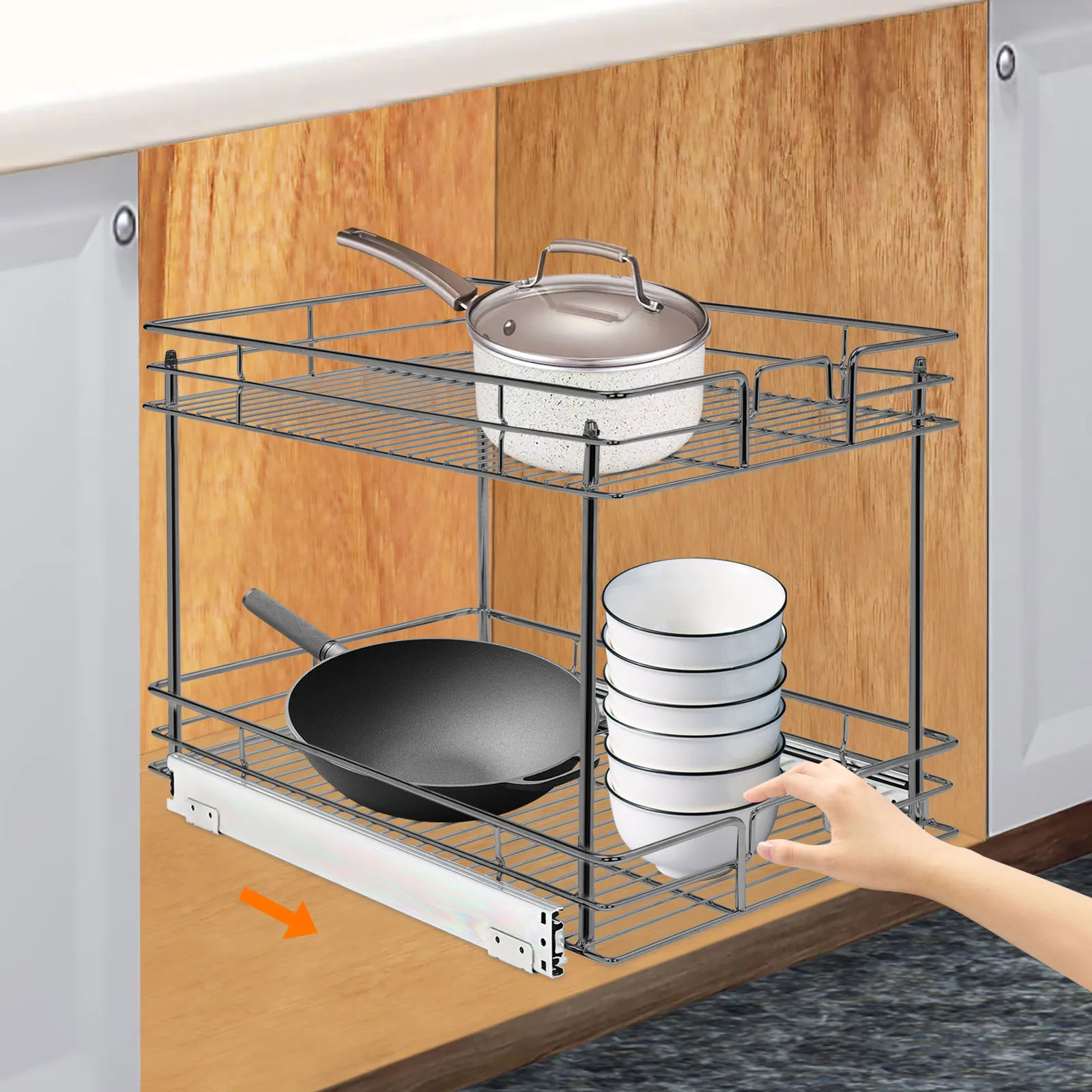

Pull-Out 2-Tier Under Sink Organizer, Chrome-Plated Cabinet Storage Basket, Easy Access for Kitchen and Bathroom Use
