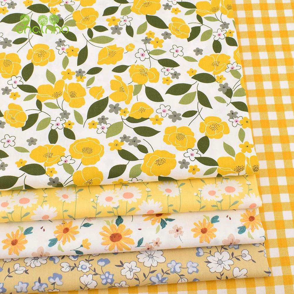 Chainho,Printed Twill Weave Cotton Fabric,Patchwork Cloth,DIY Sewing Quilting Material,New Yellow Floral,2 Specification,CC191