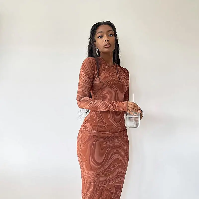 Long Sleeve Bodycon Dresses Women Evening Party Clothes O-neck Mid Calf Sexy Vestidoes De Mujer One Piece Outfits Streetwear