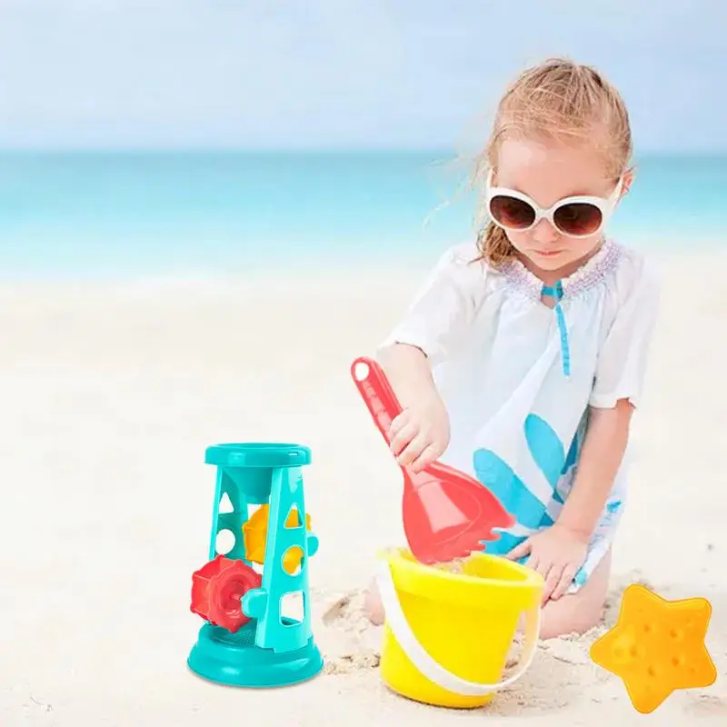 5pcs Portable Beach Sand Toys Summer Beach Game Children Toys Beach Sand Windmill Hourglass Toys With Molds And Shovels