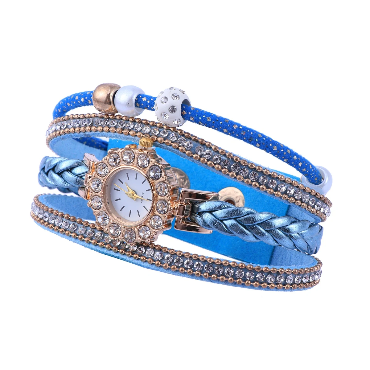 

Fashion Women Quartz Watch Elegant Weave Bracelet Rhinestones Pearl Diamond-set Durable Christmas Birthday Valentine Party