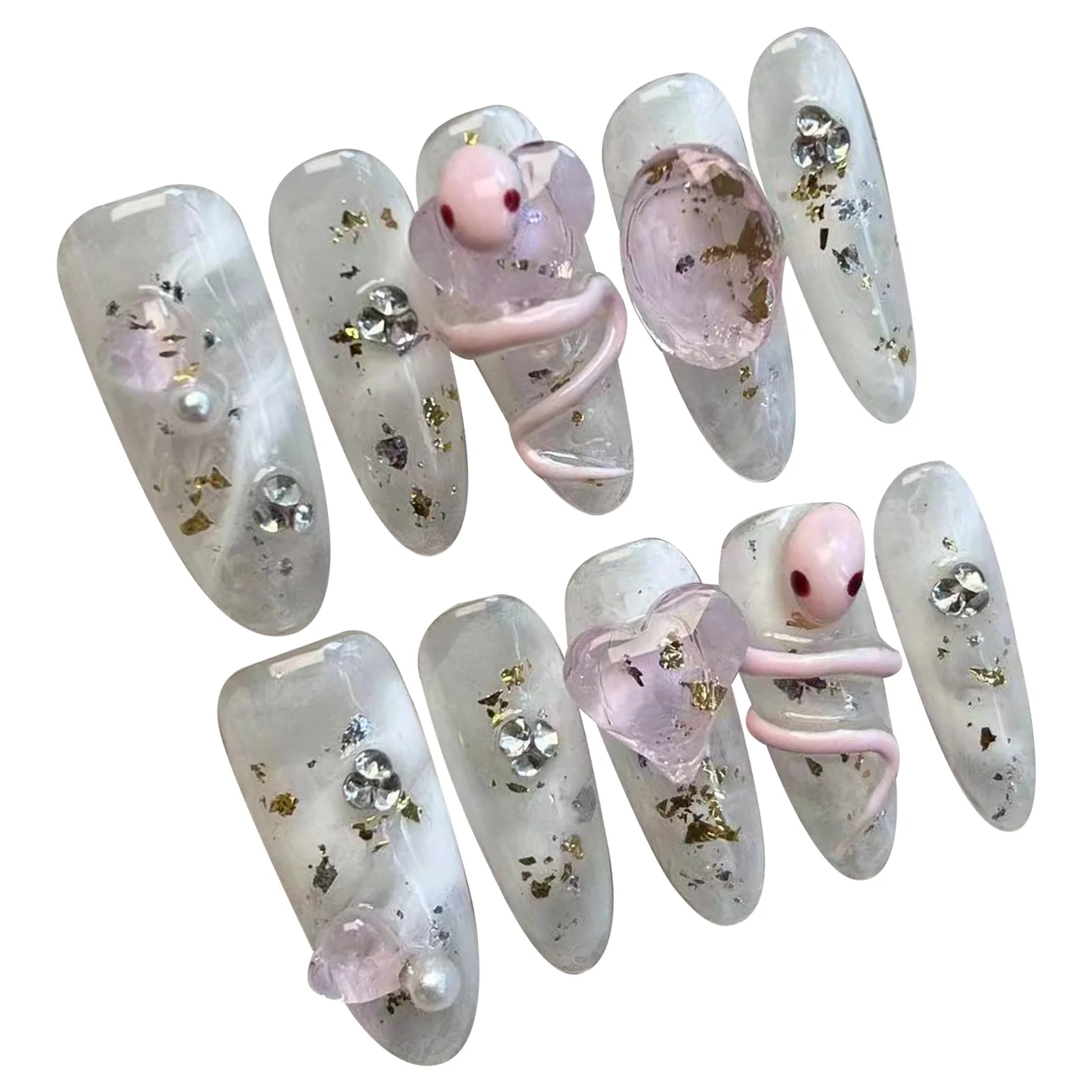 Faux ongles blancs N64.avec décoration en feuille d'or, légers et faciles à coller, pour les performances sur scène