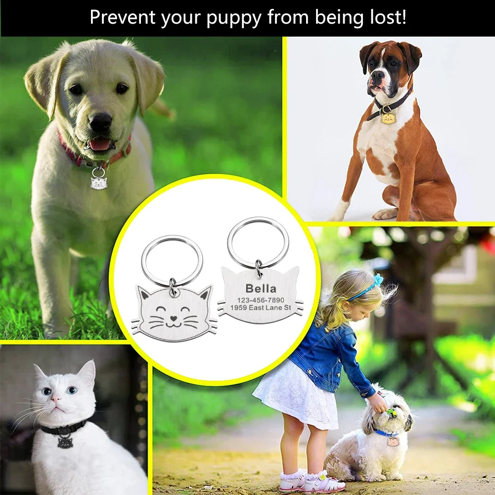 Personalized Pet ID Tags Cute Cat Face Collar Accessories Name Tags ID Collar Pendant Customized Free Engraved Anti-lost Tag