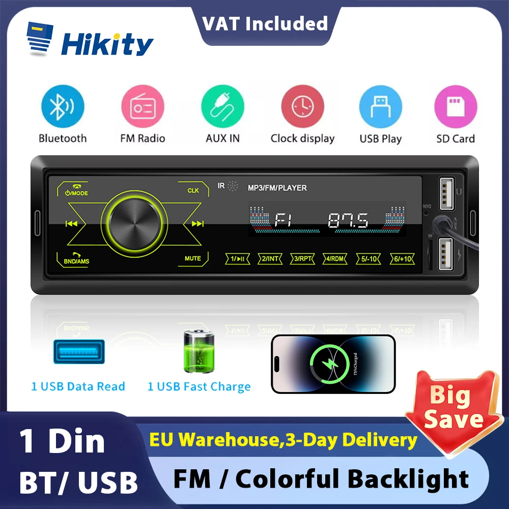 Hikity 12V Touch screen 1DIN Car Radio MP3 Player Digital Bluetooth Audio Music StereoRemote Control USB/SD/AUX-IN