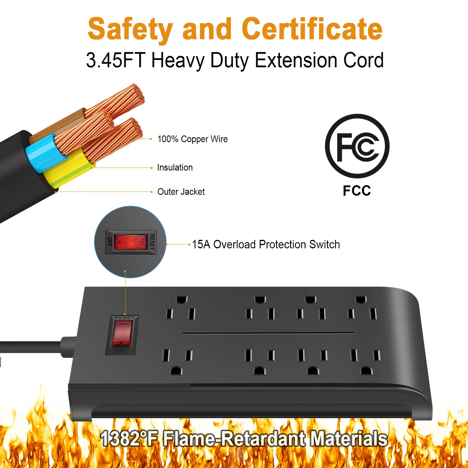 Flat Plug Power Strip 4Ft Long Extension Cord,  4800J Surge Protector, 8 AC Outlets Ports for Home and Office Black