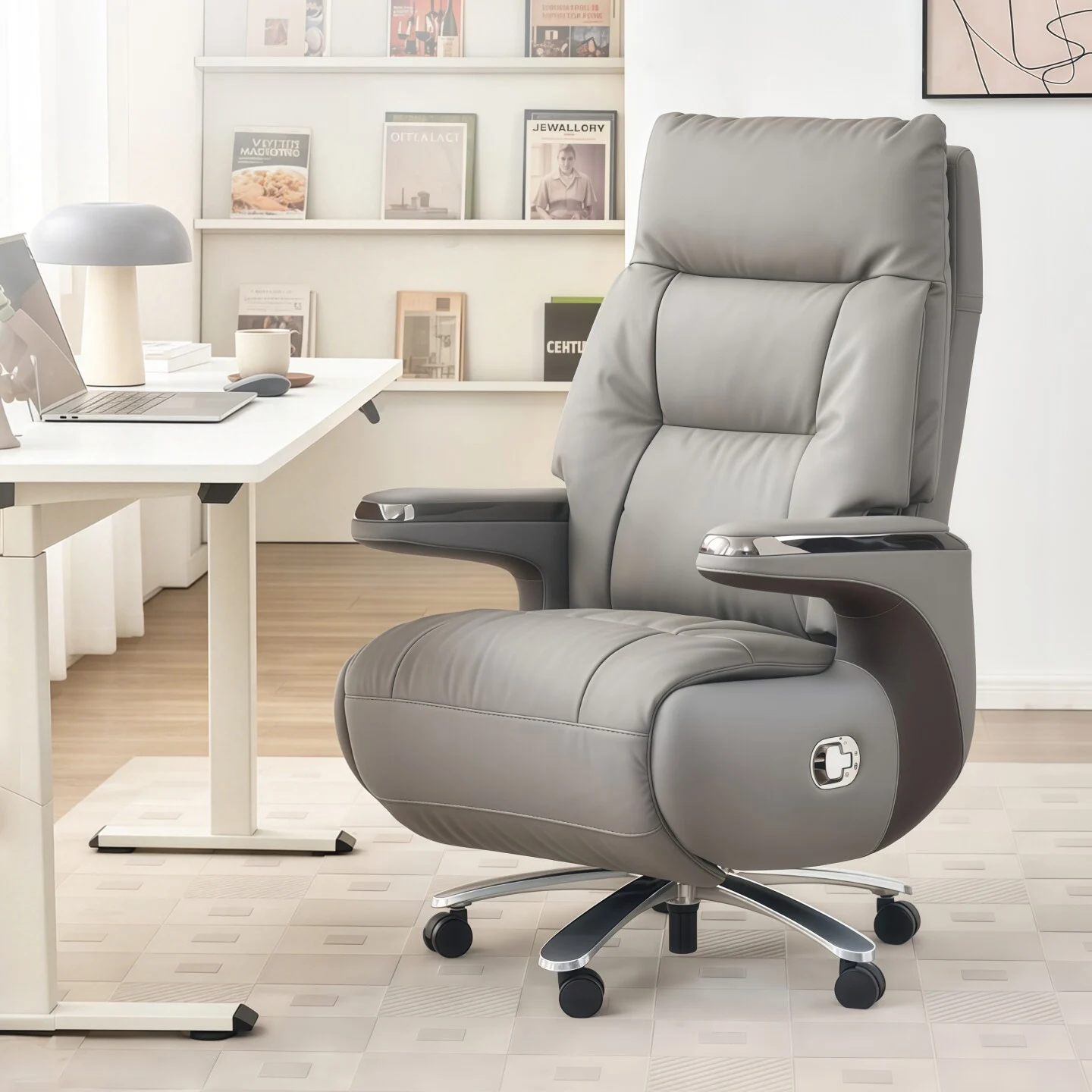2026 Modern Executive Office Chair with PU Leather Metal Legs Adjustable Height Via Handle Convertible Swivel & Moveable Feature