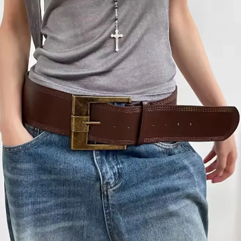 Vintage Wide Belts American Spice Girls Waist Closing PU Leather Girdle Square Antique Copper Buckle Men Women Jeans Accessories