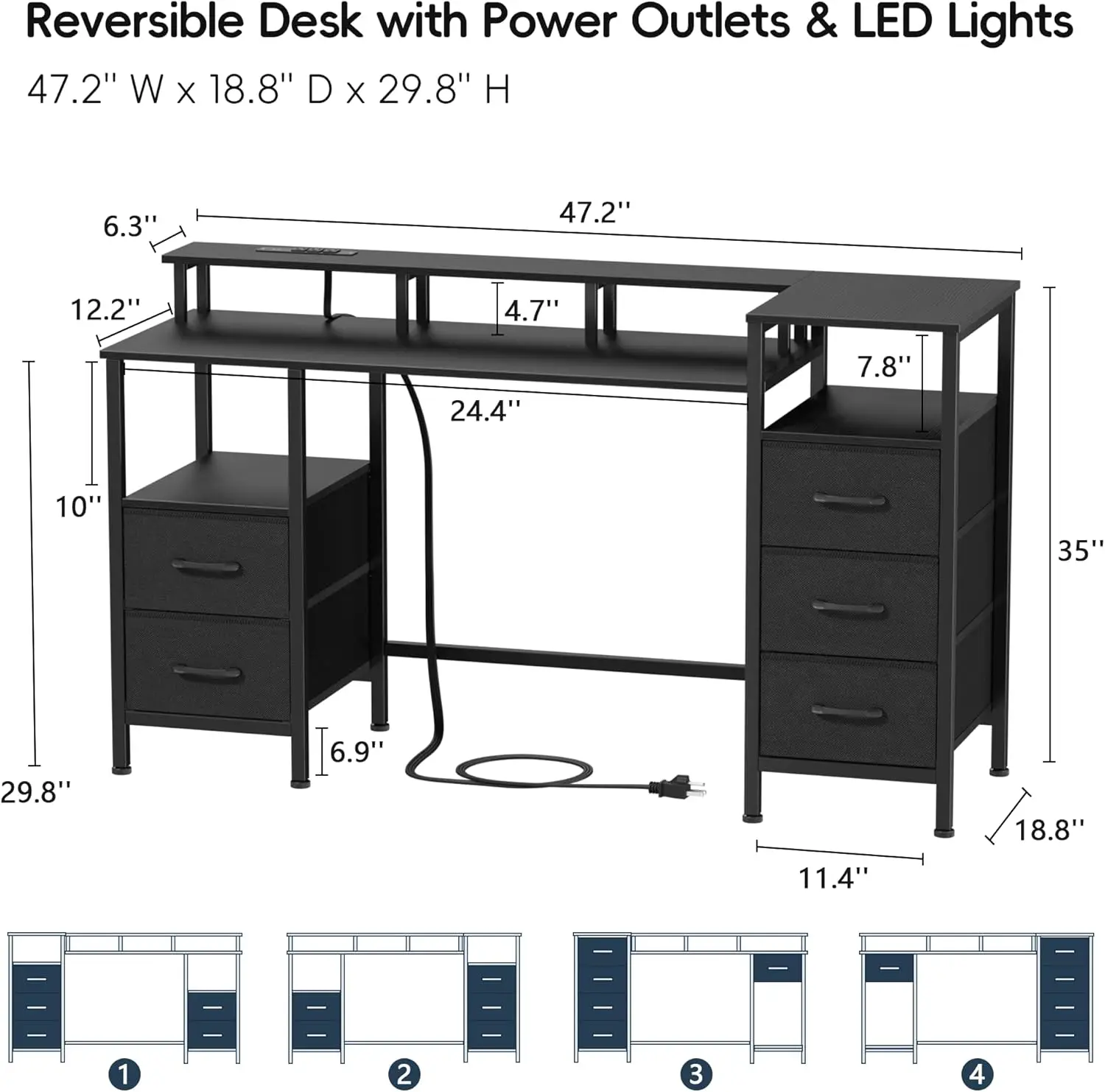 Outlets & LED Lights, Reversible Gaming Desk with 5 Fabric Drawers for Bedroom, 47 Inch Home Office Desk with Monitor Stand & St