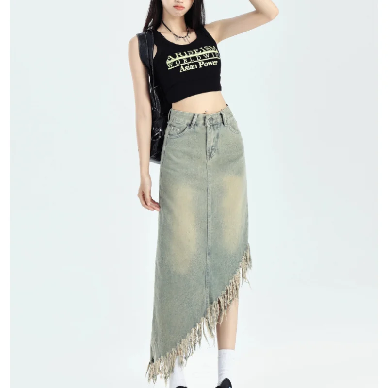 Korean Irregular Tassel Student Denim Skirt Niche Design Sense High-quality Retro Light Color A-line Long Skirt Trend Versatile