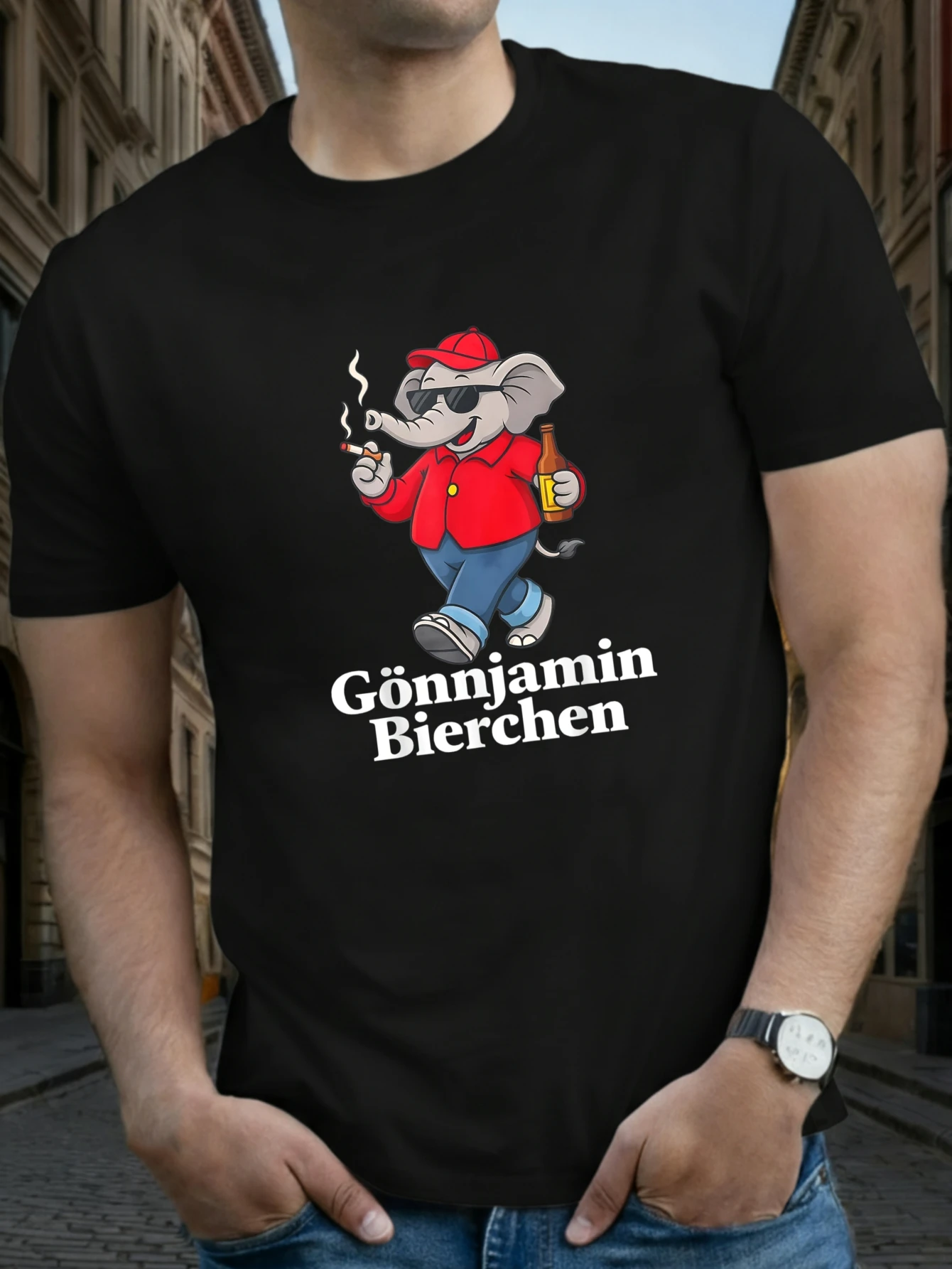 T-shirt en coton décontracté JOOCAR avec imprimé éléphant de dessin animé fumant et buvant de la bière, texte allemand, col rond, manches courtes douces, extensibles et respirantes, imprimé lettres tendance, style streetwear, choix idéal pour les fêtes.