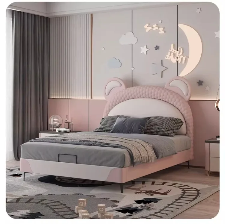 

*Leather Cushioned for room Modern Solid Wood Soft Blue Children's Frame Boy's room Furniture