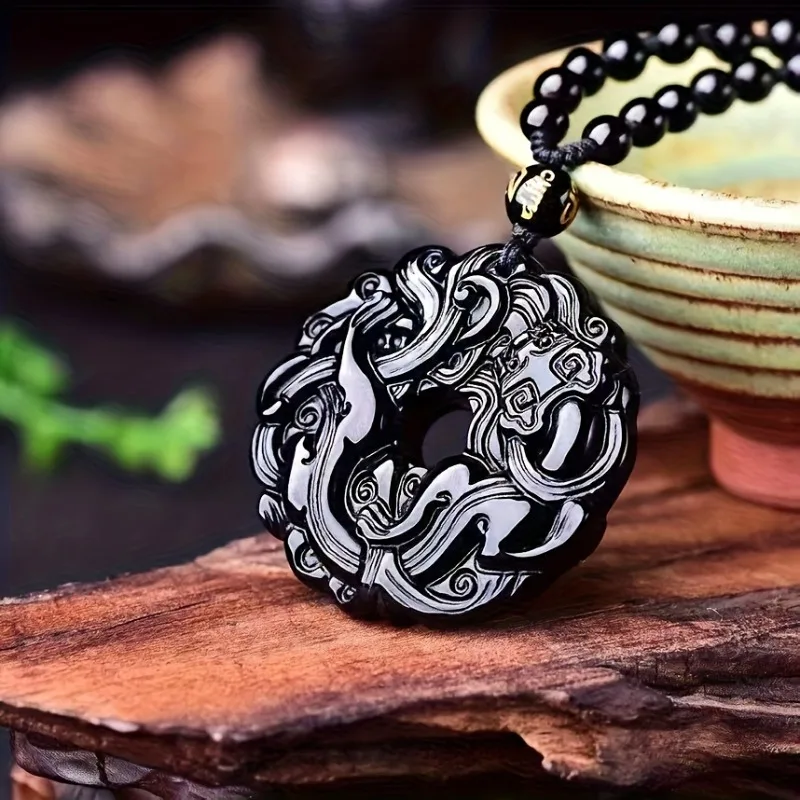 

Natural stone obsidian Pixiu safety buckle pendant, men's personalized necklace
