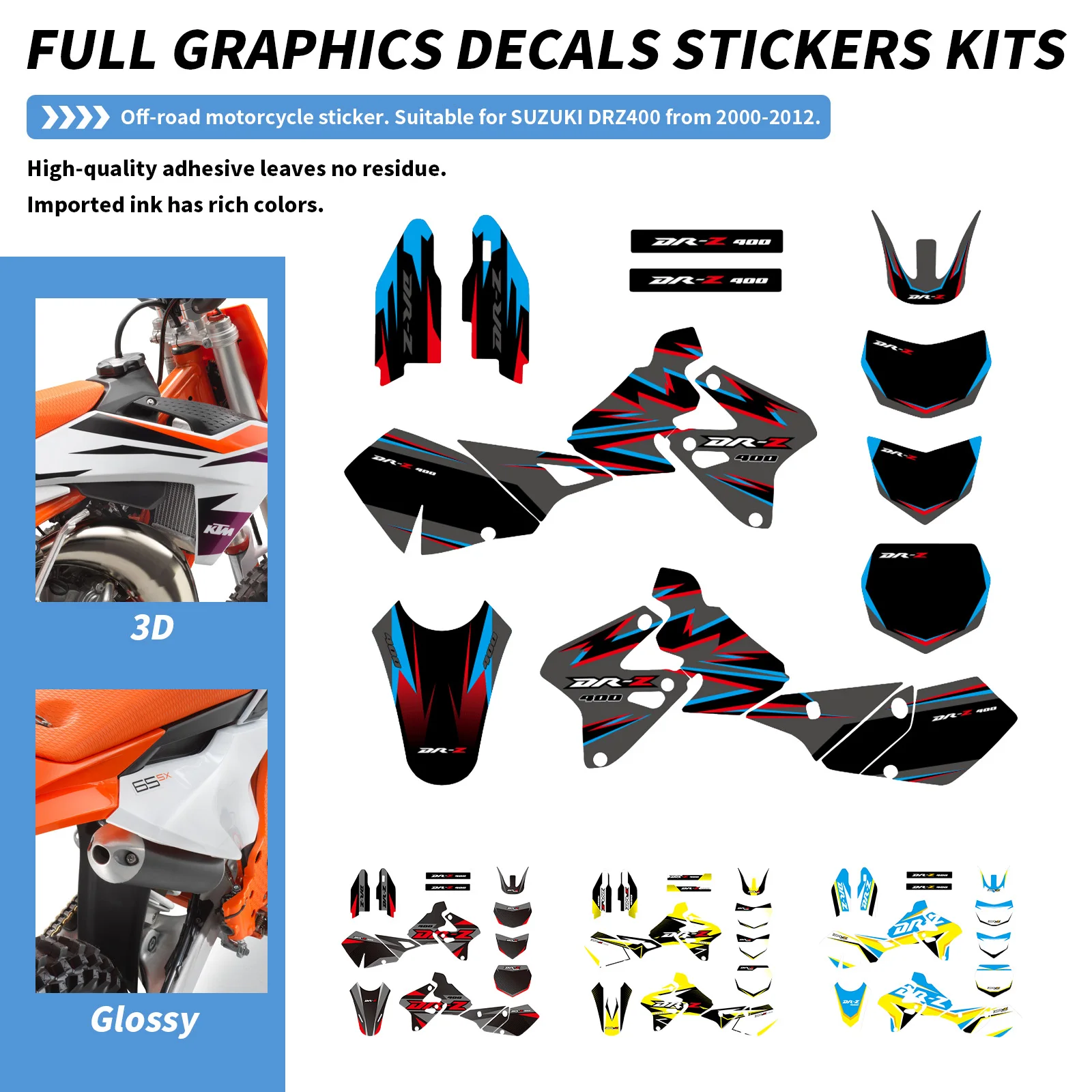 Motorcycle FULL GRAPHICS BACKGROUNDS DECALS Stickers Fit For SUZUKI DRZ400 DRZ 400 2000 2001 2002 2003 2004 2005 2006 2007 2008 2009 2010 2011 2012 Customized