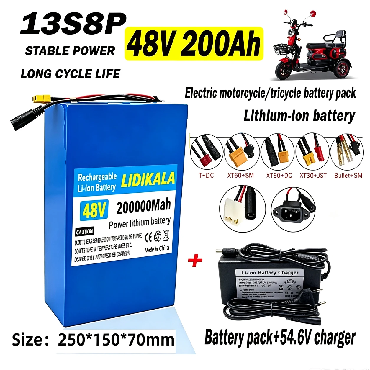 Batteria 48V 13S8P 200Ah 18650, pacco batterie ricaricabile agli ioni di litio ad alta potenza con BMS per moto, scooter, e-bike