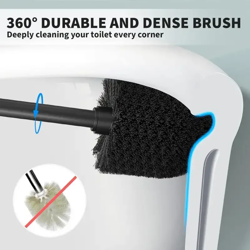 Toilet Brush, Toilet Bowl Brush with Extra Long Handle Durable Bristles Toilet Scrubber and Covered Holder (Black, 1 Set)