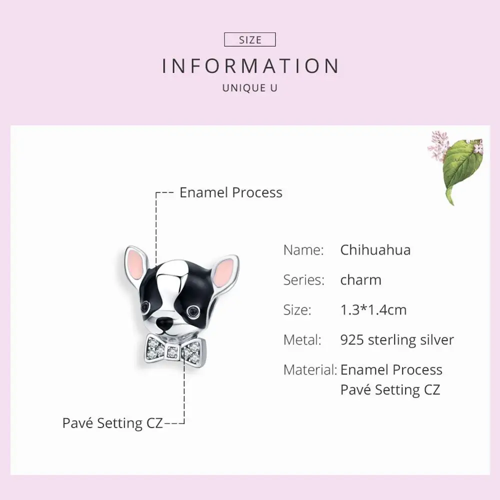 WOSTU Real 925 Sterling Silver Chihuahua Cute Dog Beads Animal Charms Pendant Fit Original Bracelet Silver 925 Jewelry CQC1310