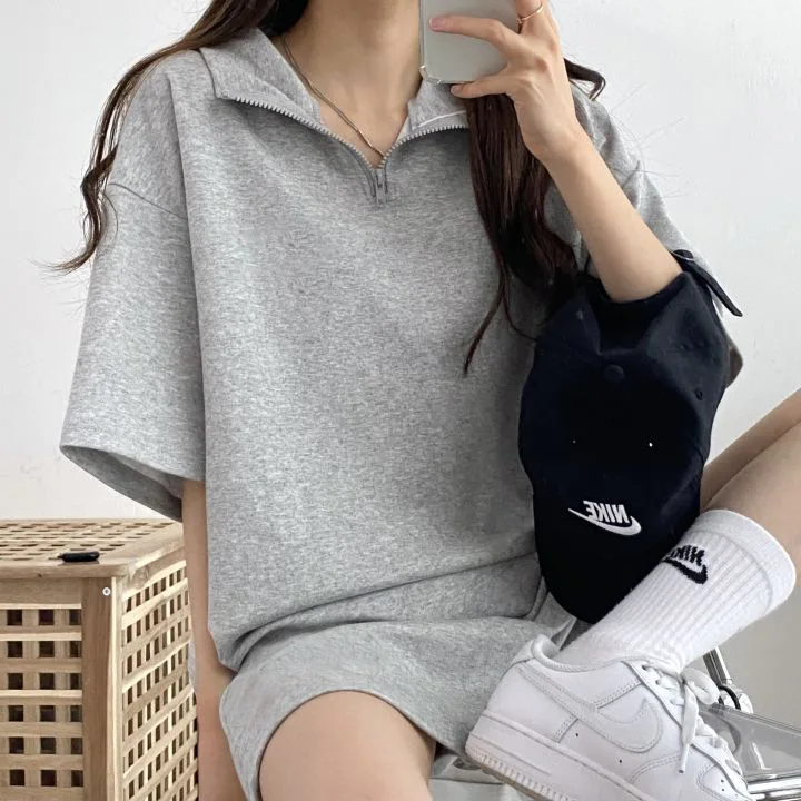 Summer Tracksuit Loose Solid Color Sweatshirt Two Piece Shorts Set Women Tracksuit Pockets Elastic Waist Zipper Collar Tracksuit