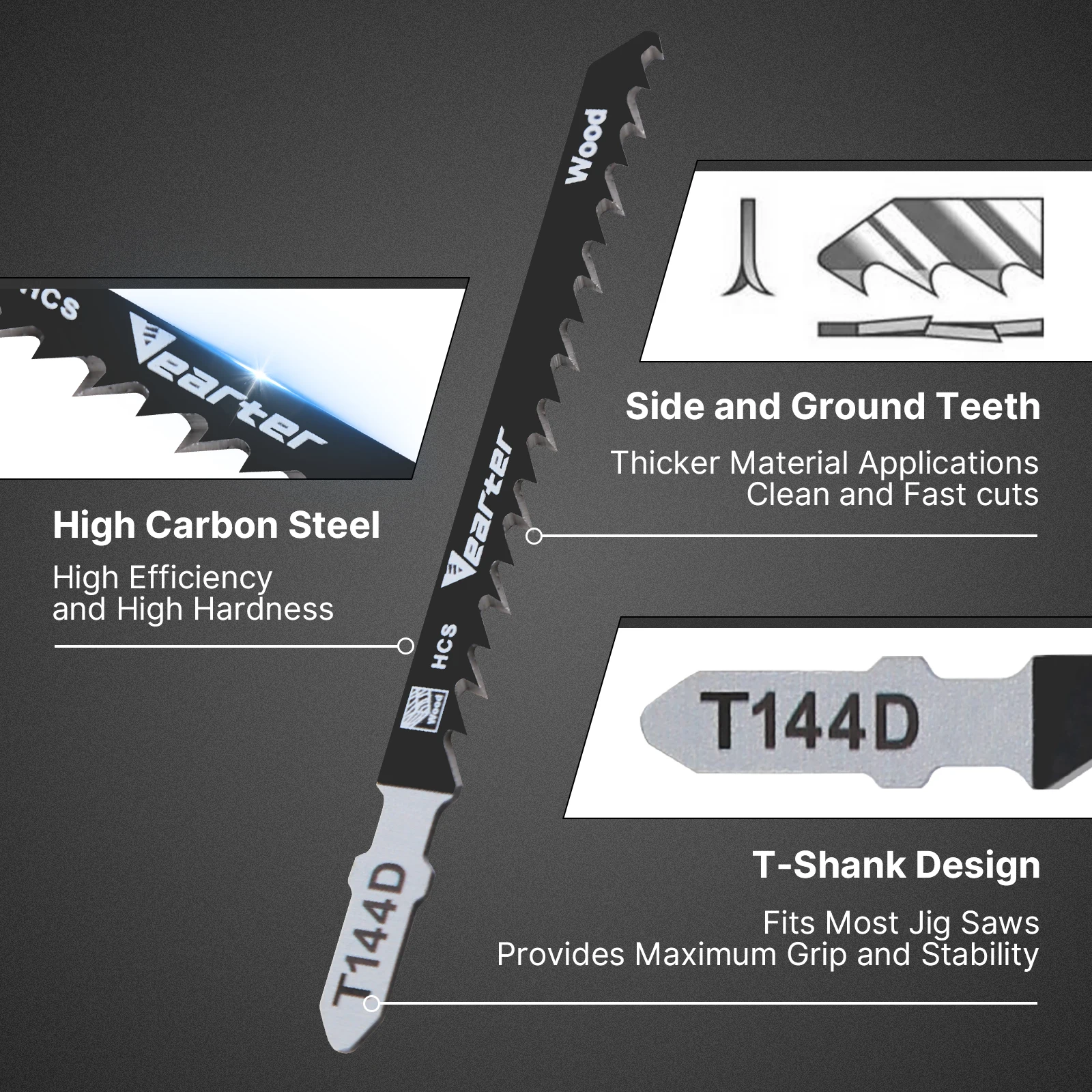 Vearter T144D 5 pezzi 100mm set di lame per seghetto alternativo 6TPI HCS T-Shank assortiti lama per sega per legno plastica e metallo utensile da taglio rapido