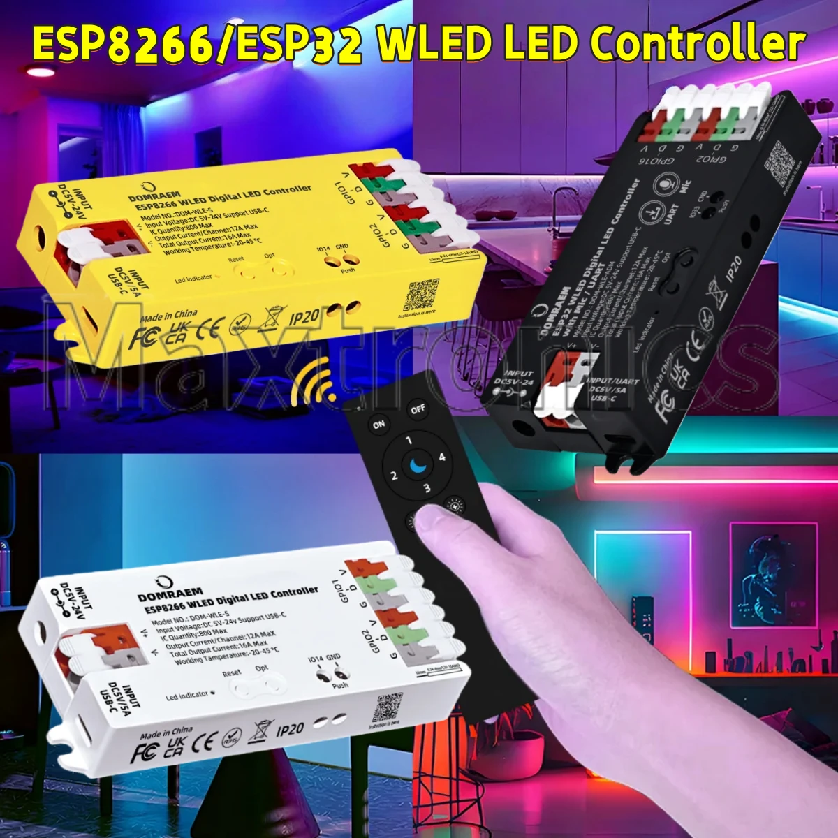 

2025 ESP8266/ESP32 USB-C WLED Digital LED Controller 16A Fuse~0.5W Standby |Mic & UART for WS2814/12B/05/APA102 RGB IC Strips