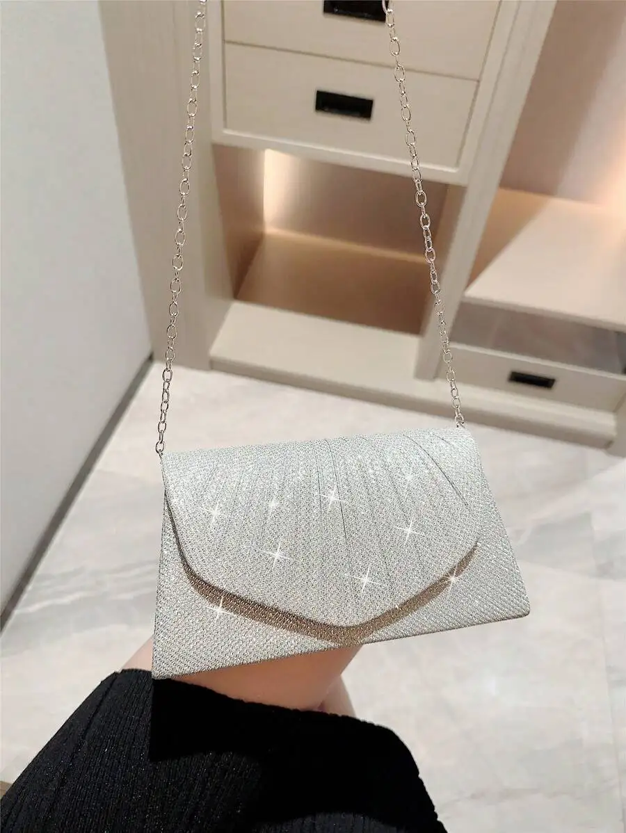 

Glittering Pleated Envelope Clutch Bag With Chain Strap For Evening Party Wedding