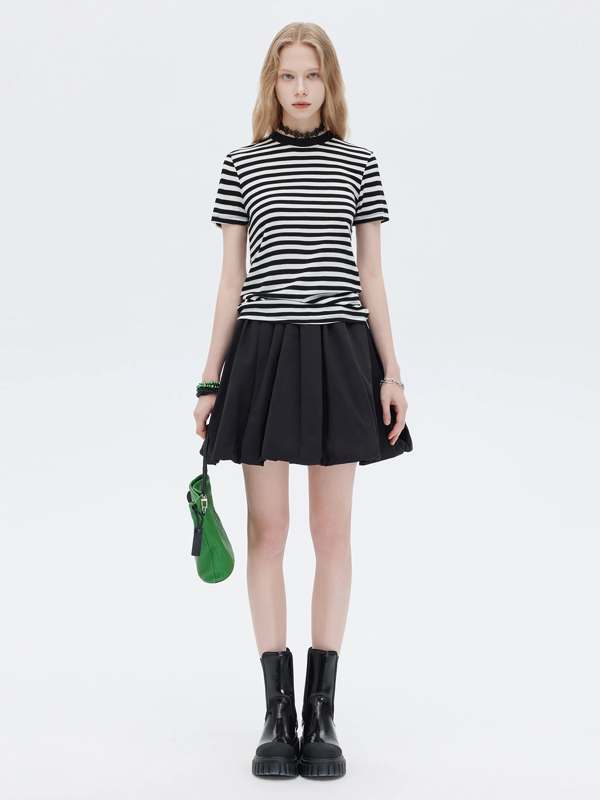 

Linen Wool Blend Thin Top round Ne ort Sve T-irt Bla White Stripes Summer New Arrival Women's Faion Commute Sle