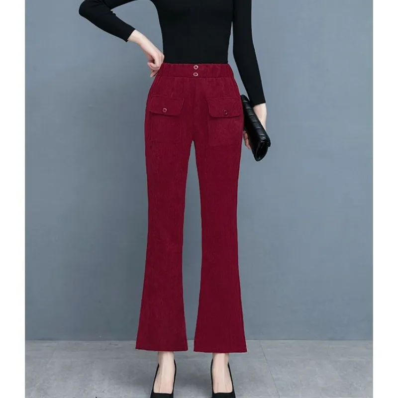Autumn and Winter Women's Solid Corduroy High Waist Classic Flare Pants Elastic Button Fashion Casual All Match Korean Trousers
