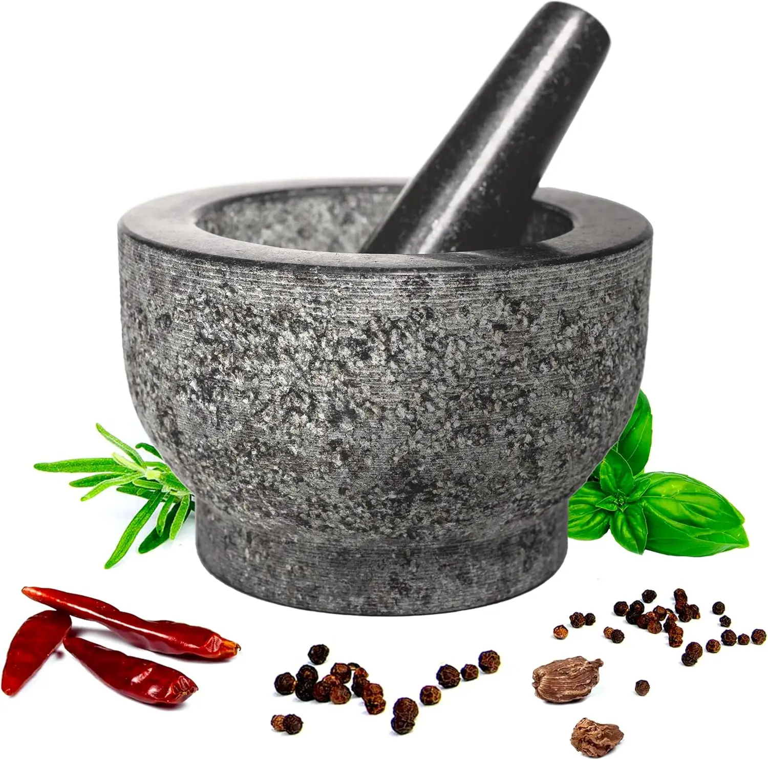 HiCoup Mortar and Pestle Set - 6 Inch Granite, Large Molcajete Bowl with Stone Grinder - Spice, Herb and