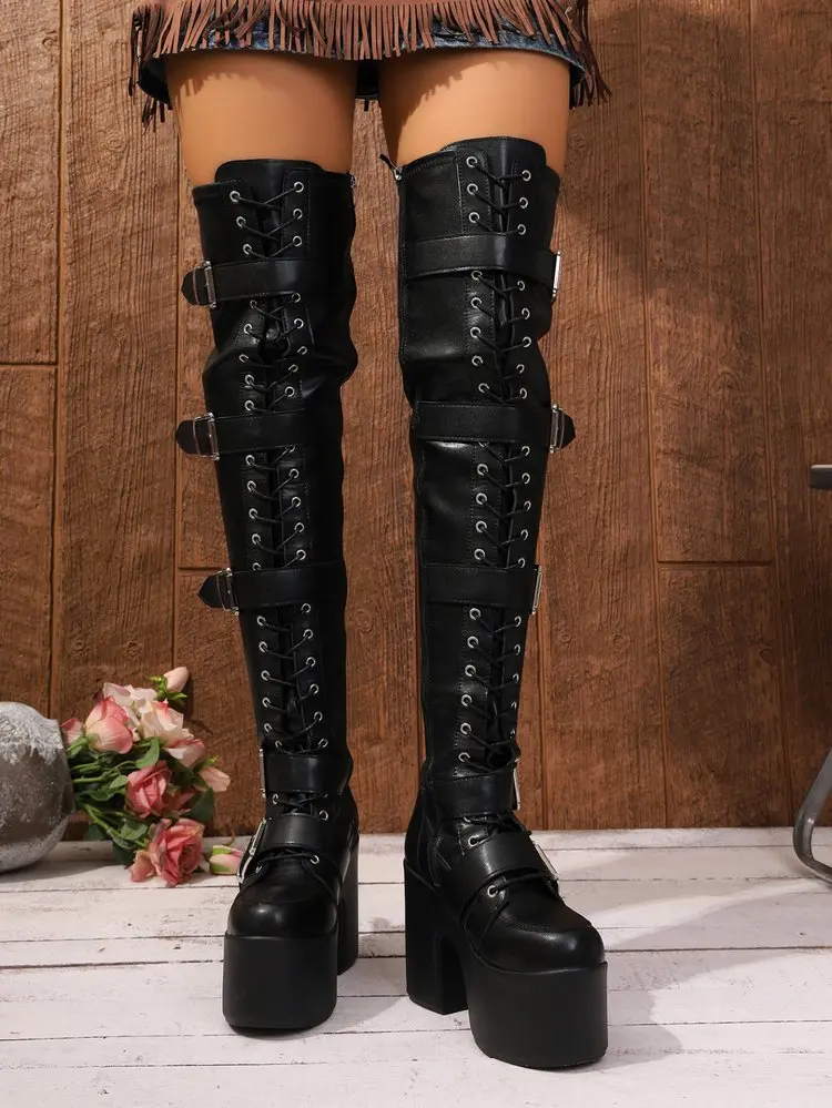 Luxuriöse 2026 Punk Goth Damen Motorradstiefel Blockabsatz Plateau-Schuhe Neue Markenmode-Design Coole Straßenstiefel – Detail 20