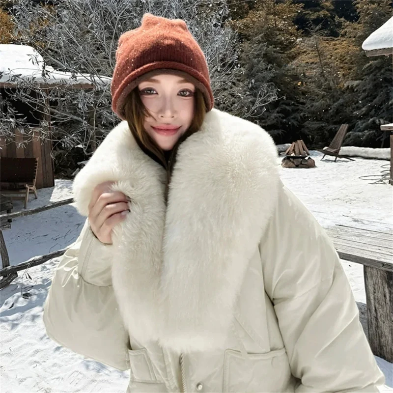 2025 casacos quentes de neve inverno feminino para baixo casaco de algodão streetwear gola de pele do falso grosso curto algodão acolchoado feminino básico