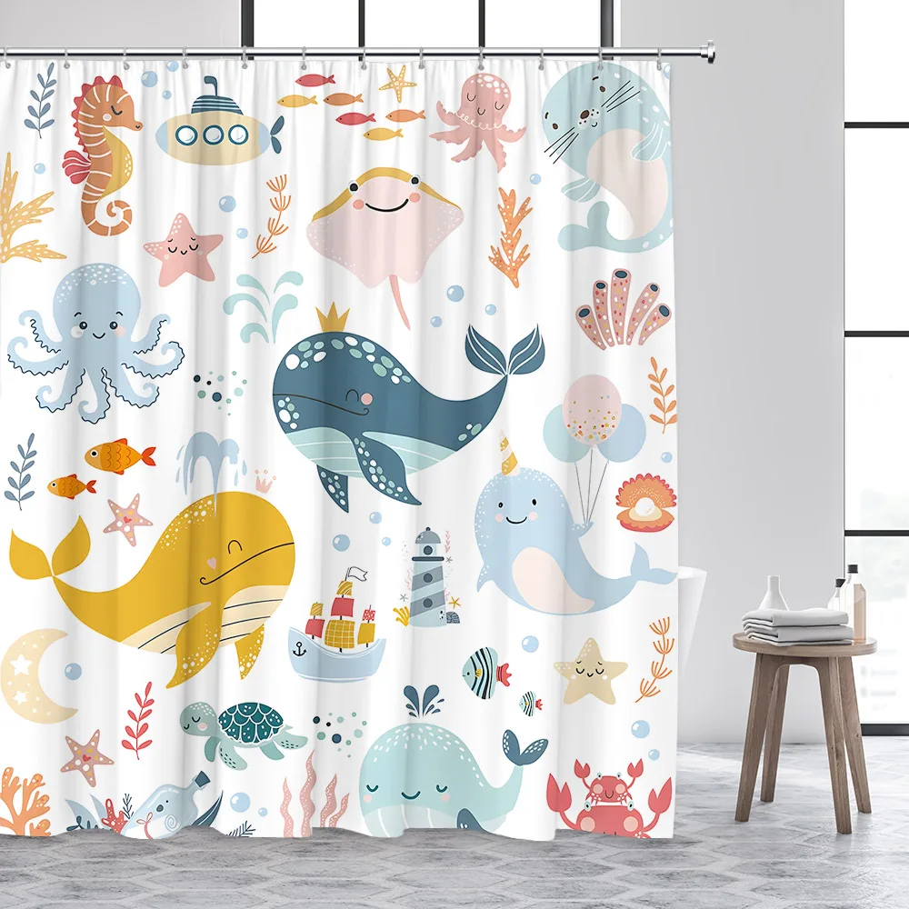 Cartoon Animals Kids Shower Curtains Cute Dogs Pet Ocean Fish Sea Turtle Whale Octopus Child Bathroom Curtain Decor with Hooks