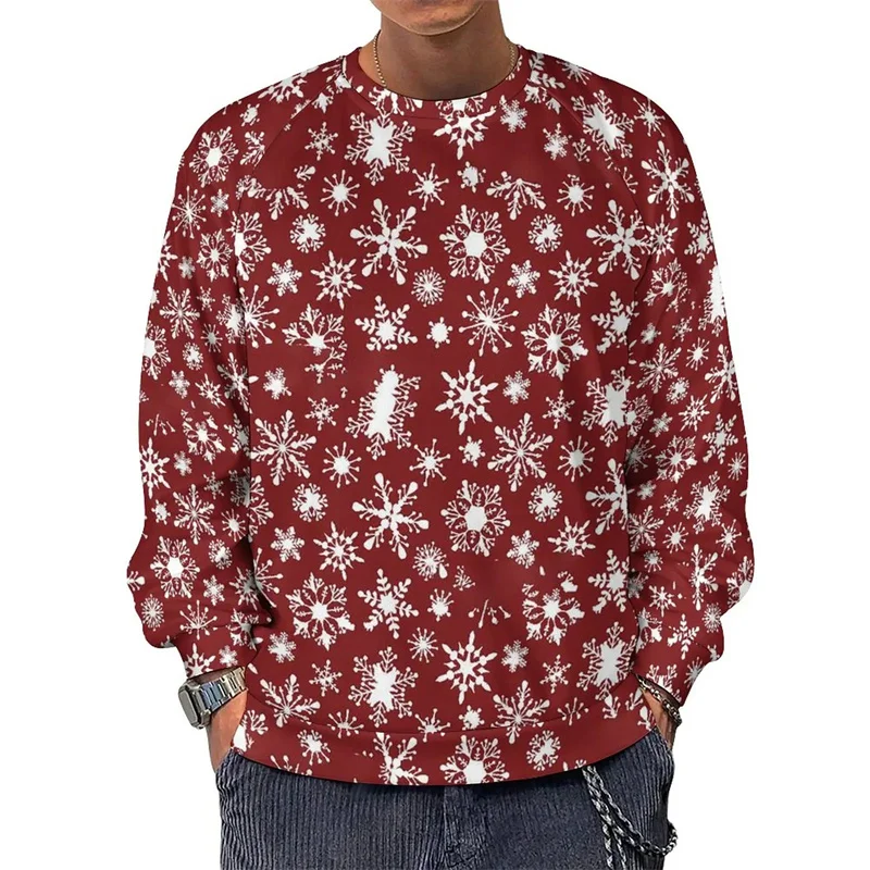 Fashion Snowflake Graphics Sweatshirt Trend Casual Long Sleeve Simple Crew Neck 3D Printed Pullovers Mens Loose Comfort Hoodies