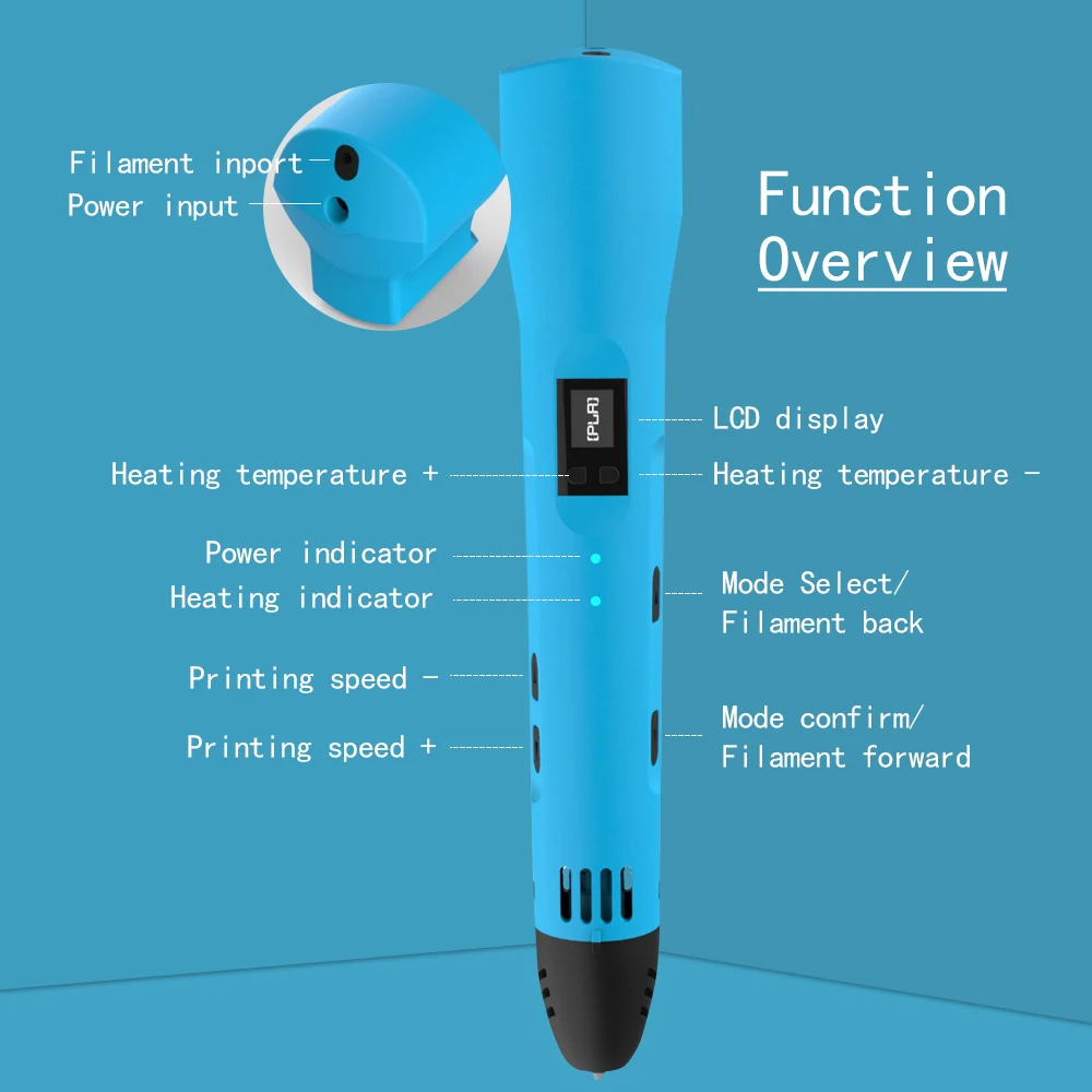 QCREATE 3D 펜 지원 LCD 디스플레이, ABS PLA HIPS PVA 섭씨 60-245 도 온도 범위, 8 단 속도 조절