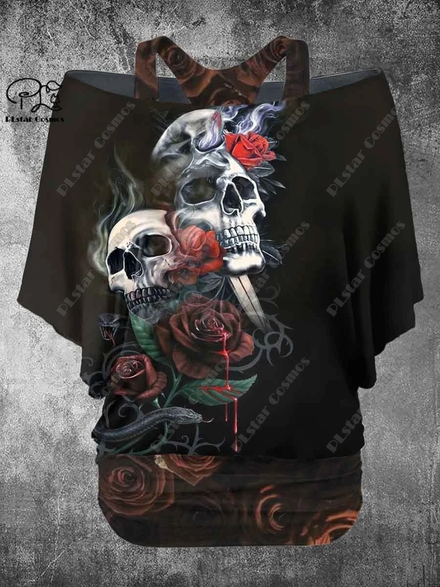 PLstar Cosmos Women's Retro Skull 3D Print Casual Two-Piece T-Shirt Harajuku Streetwear Collection - 7