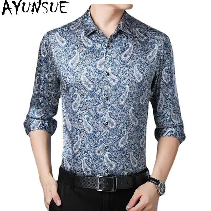 AYUNSUE Silk Shirt Men's Long Sleeved 92% Mulberry Silk Shirt Silk Satin Shirt Men's Clothing Printed Shirts for Men Blue Camisa