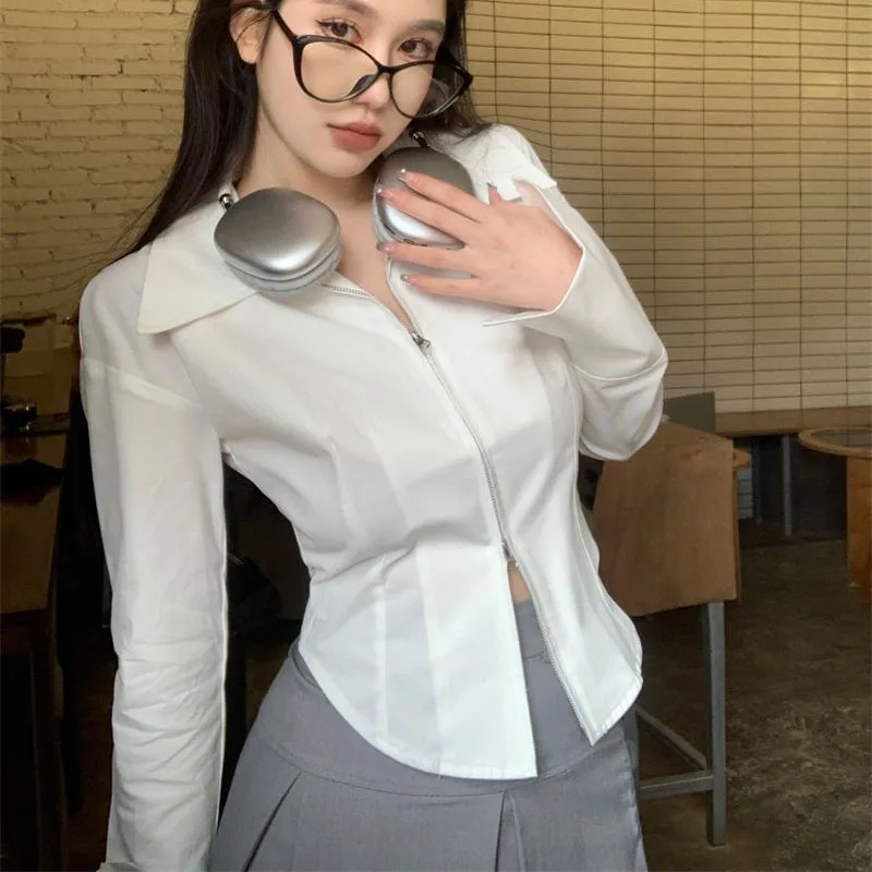 Fanan Y2K White Shirts Women Preppy Style Streetwear Tunic Long Sleeve Crop Tops Ladies Korean Fashion Slim Double Zipper Blouse