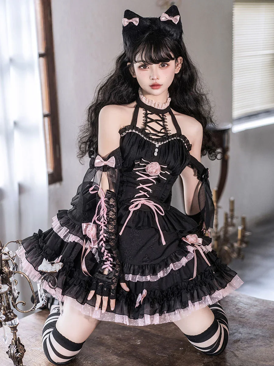 Gothic Lolita Dresses Lace Up Lace Black Hanging Neck Style Doll Feeling Dark Lolita Girl Sexy Suspender Dress