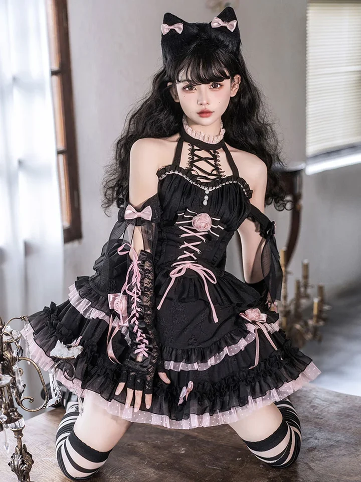 Lolita gótica vestido de renda, estilo preto pendurado pescoço