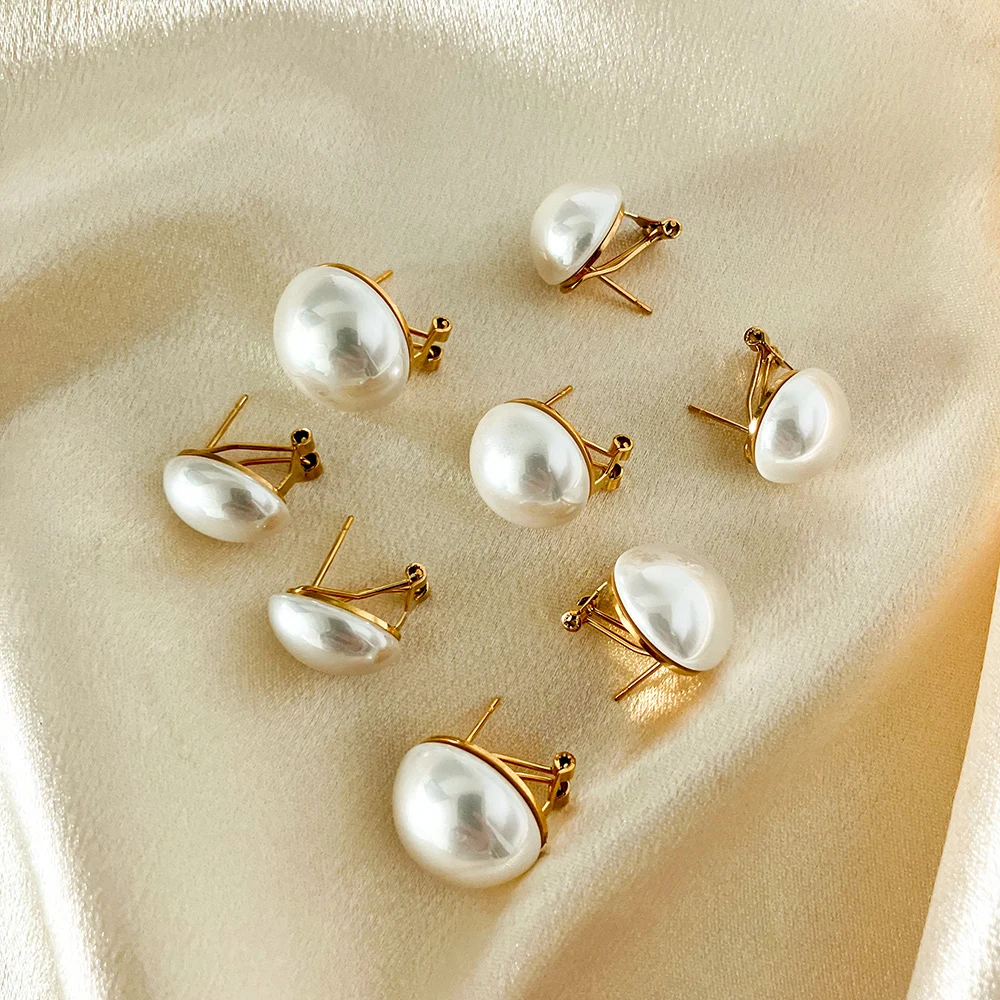 May@RZ 1pc 14k Gold Plated Stainless Steel Freshwater Pearl Stud Earrings - Elegant Valentine's Day Gift for Women