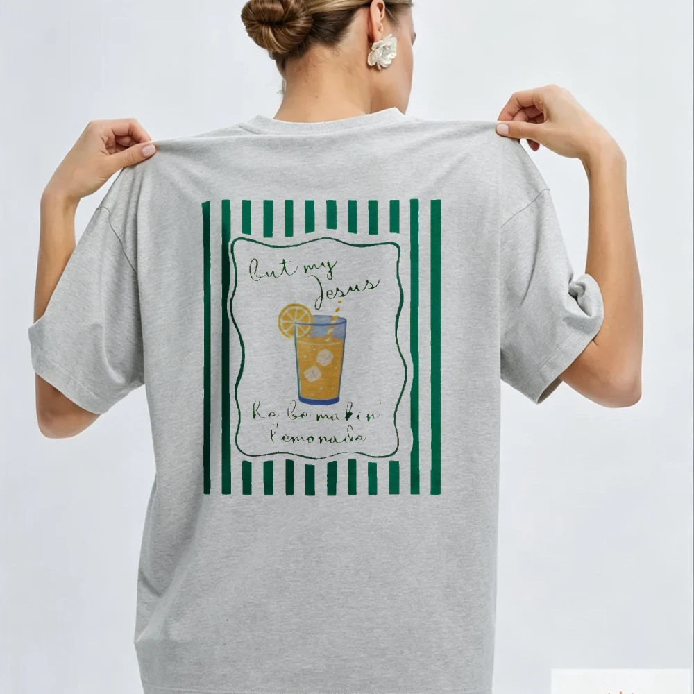 Jesus Lemon Iced Tea Striped Boxy Women Tee, Faith Summer Picnic Outfit, Breathable Cotton Top, Unique Religious Holiday Gift