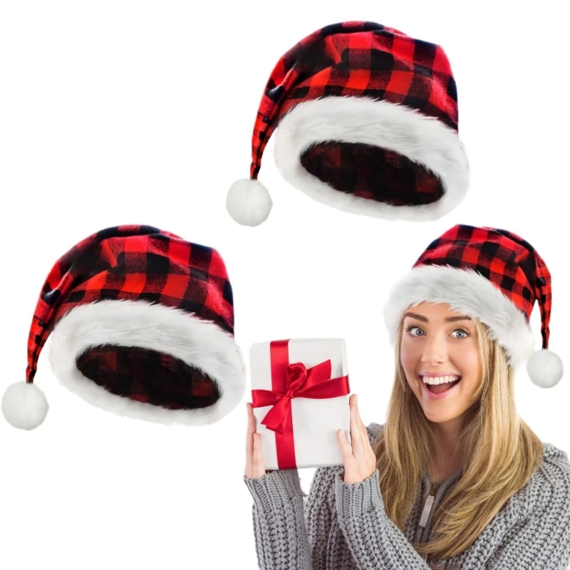 Classical Plaids Christmas Santa Caps for Festival Family Gathering Winter Warm Santa Hat Holiday Props Headpiece