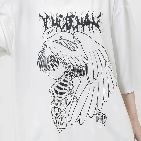 Unisex Y2K Aesthetic T‑Shirt Dark Gothic Anime Angel Skeleton Organ Art Print Death‑Metal Font Casual Street Short Sleeve Tee