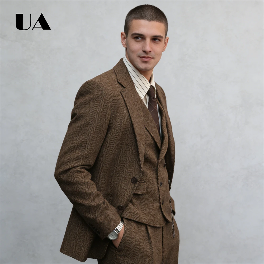 

ULBYANRY комплект из трех предметов с узором «елочка» для мужчин, куртка, жилет и брюки, деловой костюм EU40-EU58, облегающие костюмы для больших людей