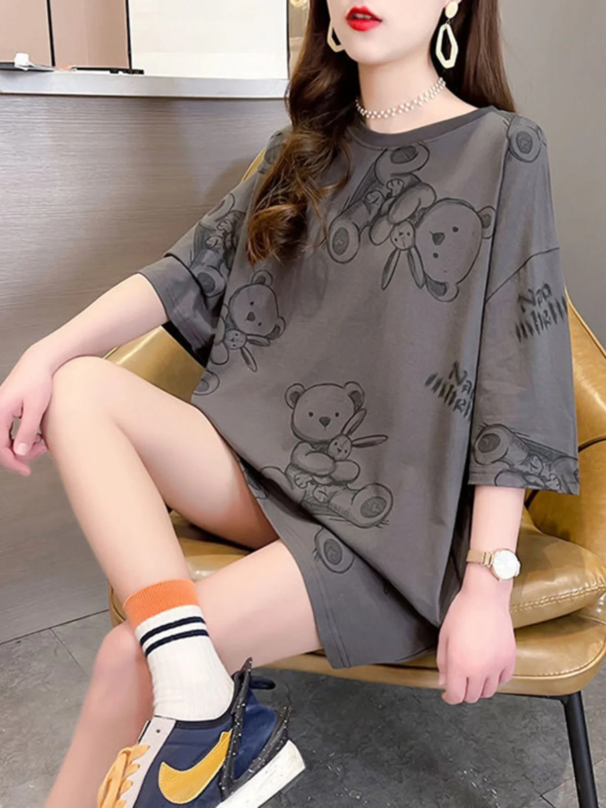 Camiseta Feminina Plus Size da Moda, Manga Curta, Estilo Coreano, Gola Redonda, Caimento Solto, Estampa de Desenho Animado, B...
