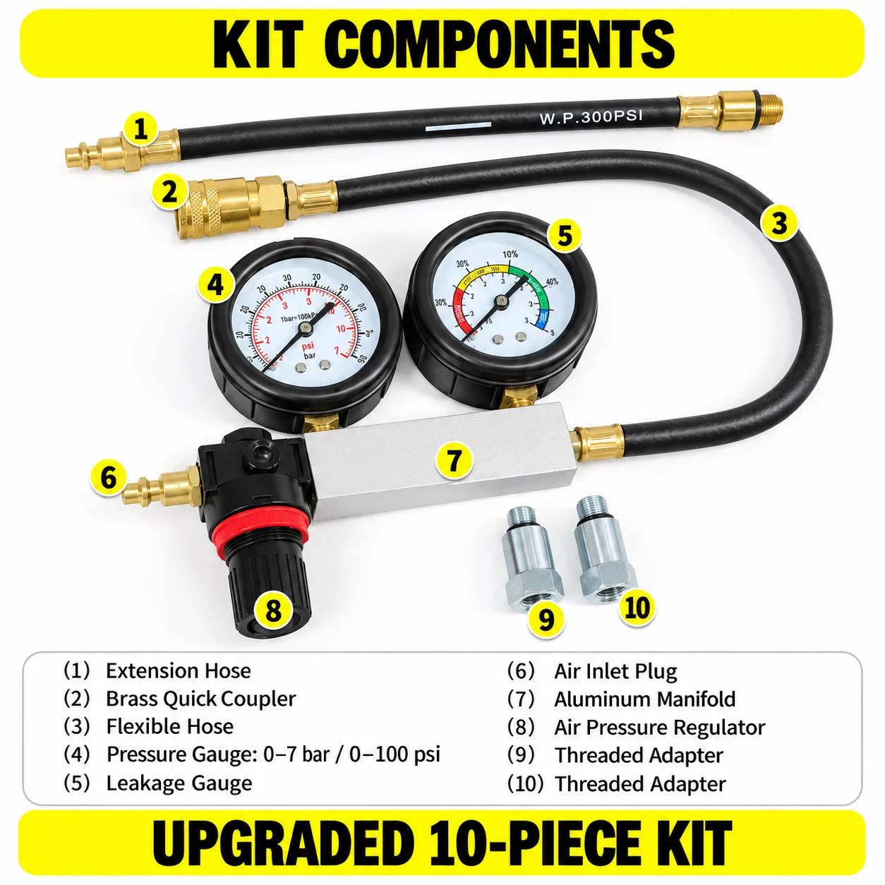 Engine Cylinder Leak Down Tester Kit Dual Pressure Gauge Compression Leakage Detector with Spark Plug Adapters for Cars