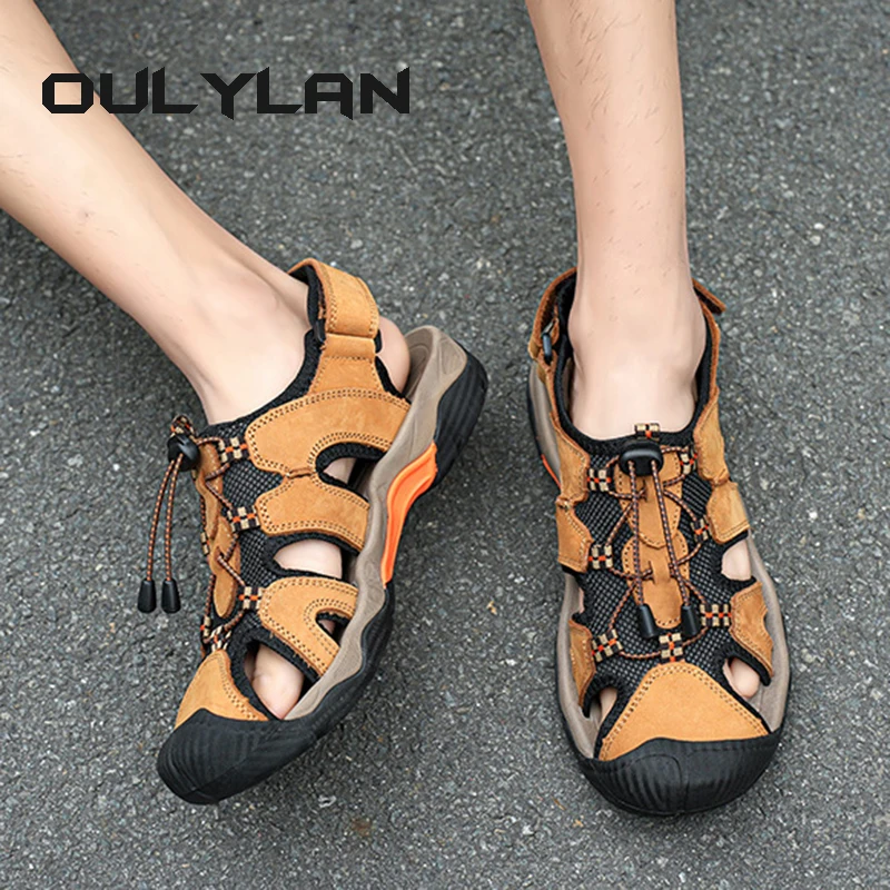 

Sandals for Men Summer Anti-collision Toe Outdoor Walking Treking Casual Shoes Leather Hiking Men Slippers Beach Wading Shoes