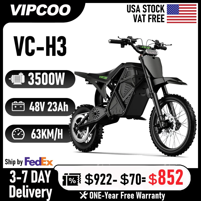 

Electric Dirt Bike VIPCOO H3 3500W 48V23AH Electric Motorcycle Fat Tire Nitrogen Suspension E Dirt Bike for Teens and Adults