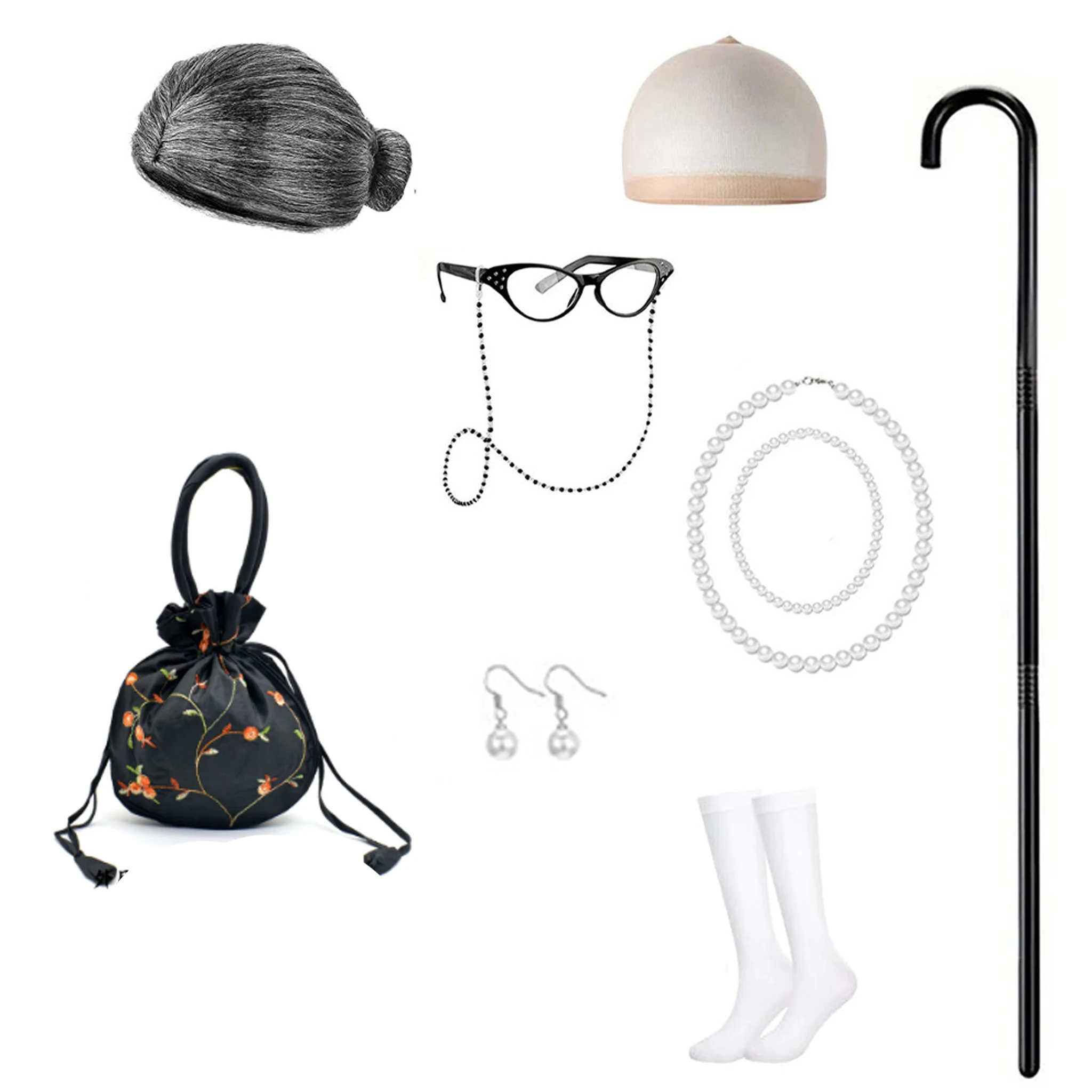 إكسسوارات أزياء السيدة العجوز حقيبة شعر مستعار للجدة للأطفال ملحقات قصب المشي فستان للسيدات والفتيات للفتيات من عمر 3 إلى 10 سنوات #5