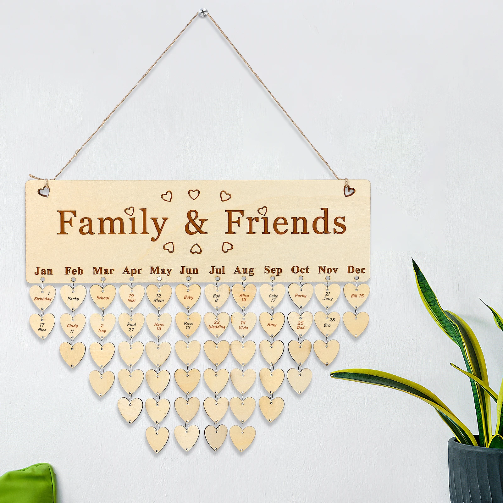 

50pcs Family Friends Birthday Reminder Wooden Plaque Hanging Board For Home Decoration Gift Diy Rope Love Heart Accessories