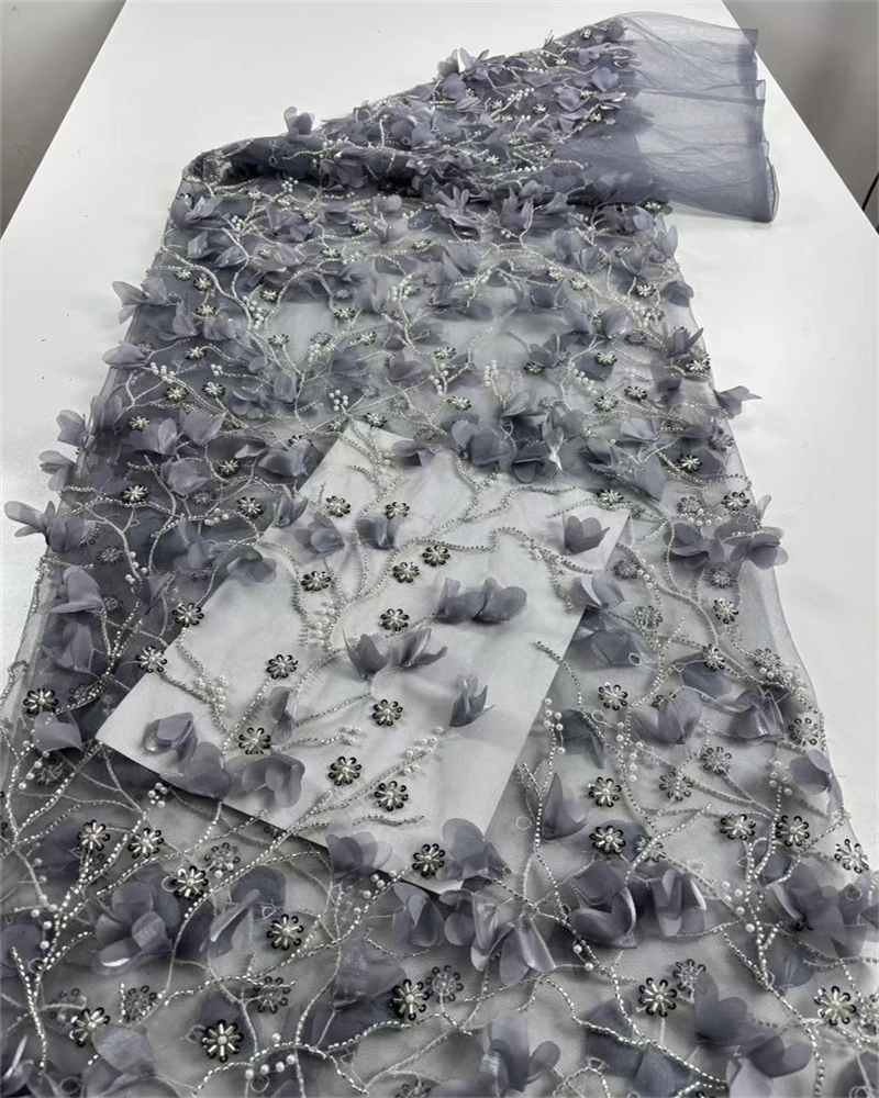 3Dフラワーフレンチレース生地、ビーズネット、ウェディング用スパンコール付きアフリカンレース、高品質